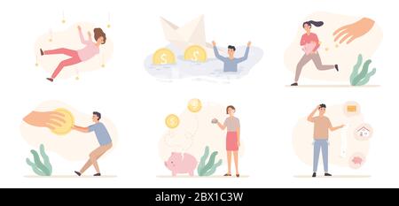 Problèmes financiers. Crise économique mondiale faillite d'affaires, dette de prêt impayée. Problème d'argent, personnes dépressives vecteur caractères ensemble Illustration de Vecteur