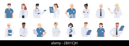 Personnel hospitalier. Médecins en manteaux blancs portrait, infirmière en masque et étudiant en médecine dans les exfoliations. Médecin avec jeu d'illustrations vectorielles stéthoscope Illustration de Vecteur