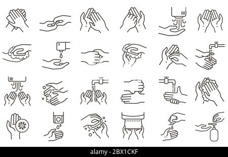 Icônes de lavage et de désinfection des mains. Désinfectant pour les mains, frotter avec du savon et protection contre les germes. Icône de ligne de mains propres pour le jeu d'illustrations vectorielles de salle de bains Illustration de Vecteur