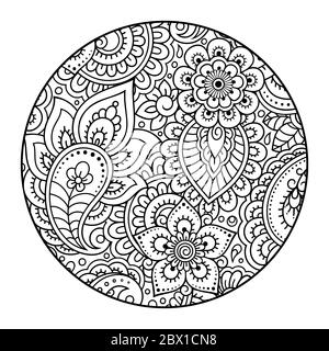 Contour de motif de fleur ronde en style mehndi pour colorier la page de livre. Antistress pour adultes et enfants. Décoration Doodle en noir et blanc. Dessin à la main Illustration de Vecteur