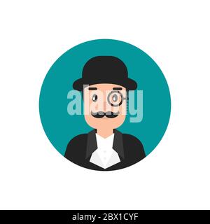 Avatar de gentleman dans un cercle bleu. Tête de l'homme avec moustache, lunettes de lorgnette et chapeau de melon. Rétro noir, avatar vintage. Isolé sur blanc. Vecteur f Illustration de Vecteur