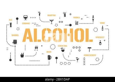 Bannière de concepts de mots d'alcool. Différents types de boissons. Infographies de qualité supérieure sur les boissons. Présentation, site Web. UI UX idée. Typographie de lettrage isolée Illustration de Vecteur