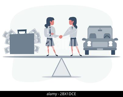 Les partenaires commerciaux qui se secouent la main comme symbole de l'unité. Les gens d'affaires se tenant sur la mer entre la voiture et une valise d'argent. Travail féminin. Femme achète Illustration de Vecteur