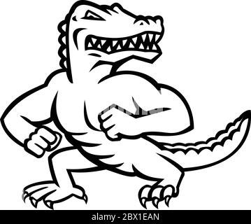 Illustration mascotte d'un alligator, d'un alligator ou d'un crocodile de reptilane ferocieux debout en position de combat sur un fond isolé en noir et blanc rétro Illustration de Vecteur