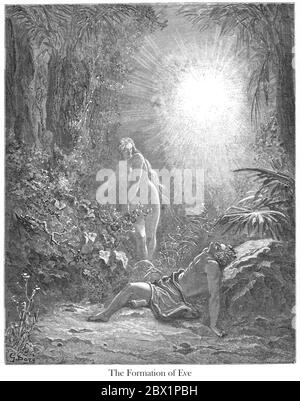 La formation d'Eve (ou la création d'Eve) Genèse 2:21-22 du livre 'Galerie biblique' illustré par Gustave Dore avec mémoire de doré et lettre-presse descriptive par Talbot W. Chambers D.D. Publié par Cassell & Company Limited à Londres et simultanément par Mame à Tours, France en 1866 Banque D'Images