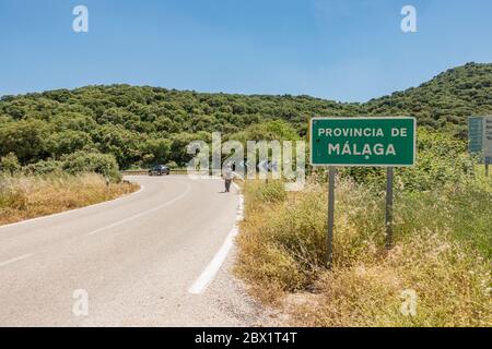 Panneau de route, entrée province de Malaga, Andalousie, Espagne. Banque D'Images