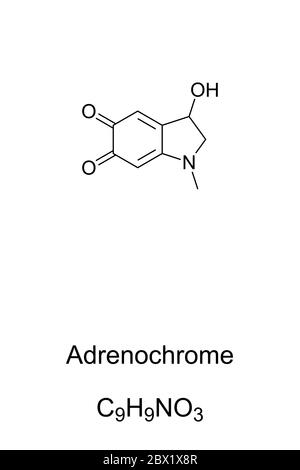 Molécule d'adrénochrome, formule et structure du squelette. Composé chimique produit par oxydation de l'adrénaline (épinéphrine). Banque D'Images