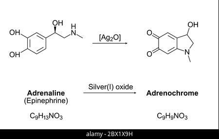 Synthèse de l'adrénochrome, équation chimique. Oxydation de l'adrénaline (épinéphrine) par l'oxyde d'argent(I). Molécules, formules et structures squelettiques. Banque D'Images