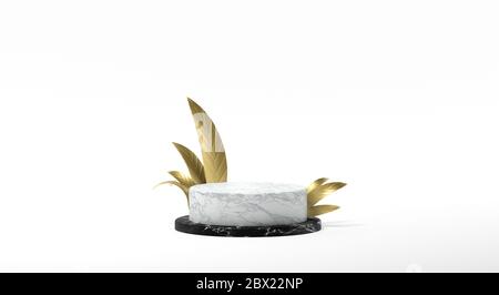 Podium en marbre blanc avec fond blanc en or et feuille de couleur blanche rendu 3D Banque D'Images