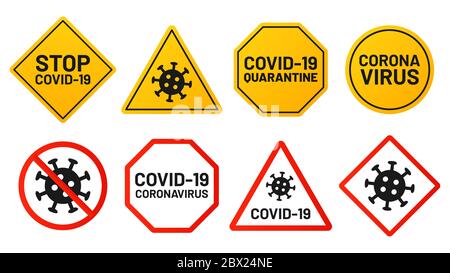 Covid-19 signes, interdiction et arrêt du virus, bannière jaune ou symbole rouge Illustration de Vecteur