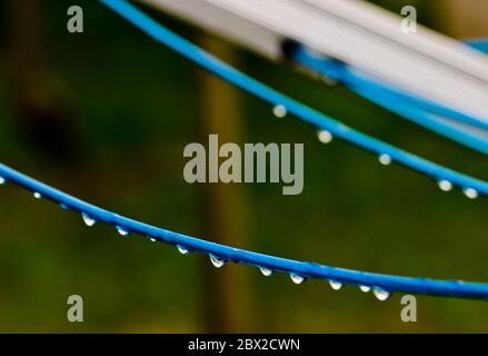 Les lignes de vêtements bleus d'un vêtement tournent avec de nombreux gouttes de pluie à la corde devant un fond vert, après la pluie. Une façon rétro de faire le linge Banque D'Images