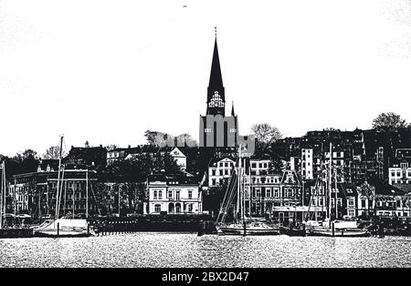 Berth pour yachts et bateaux dans le port maritime. Les yachts de l'océan sont amarrés à l'embarcadère de l'aérogare passagers du port. Vintage tiré à la main v Illustration de Vecteur