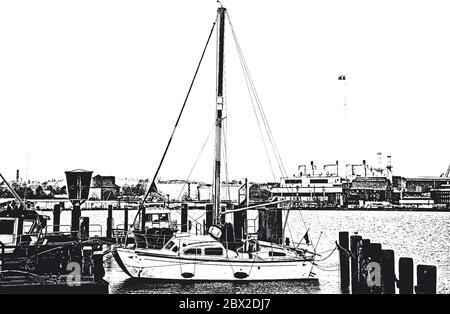 Berth pour yachts et bateaux dans le port maritime. Les yachts de l'océan sont amarrés à l'embarcadère de l'aérogare passagers du port. Vintage tiré à la main v Illustration de Vecteur