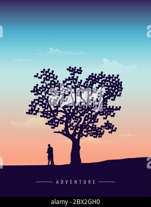 Couple amoureux se tient sous un grand arbre à coucher de soleil vecteur illustration EPS10 Illustration de Vecteur