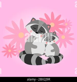 Mignon raton laveur. Mère et enfant. Raton laveur nord-américain, mammifère indigène. Motif animal de bande dessinée. Illustration vectorielle plate Illustration de Vecteur