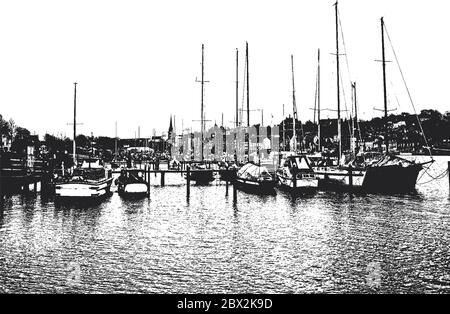 Berth pour yachts et bateaux dans le port maritime. Les yachts de l'océan sont amarrés à l'embarcadère de l'aérogare passagers du port. Vintage tiré à la main v Illustration de Vecteur