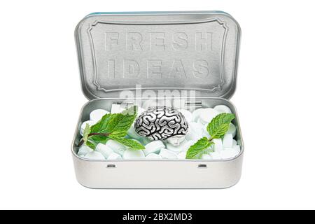 Boîte de conserve pleine de menthe à souffle, une copie en acier du cerveau humain et des feuilles de menthe verte, représentant un riche réservoir d'idées fraîches. Concept créatif de kee Banque D'Images