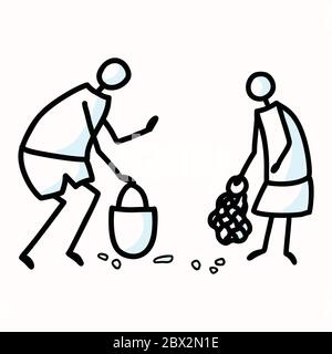 Figurines de bâton dessinées à la main collecte de déchets. Concept de jour de la Terre propre. Simple icône motif pour la Journée de la Terre environnementale, volontaire Clipart, Eco Illustration de Vecteur