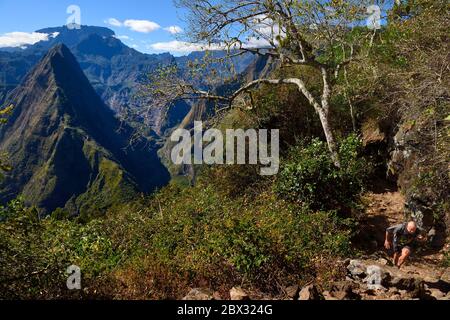 France, Ile de la Réunion (département français d'outre-mer), Parc National de la Réunion classé au patrimoine mondial par l'UNESCO, la possession, autour du village de dos d'Ane, randonnée Roche Bouteille, randonnée sur le sentier du Cap Noir et Piton Cabris dans le Cirque de Mafate sur la gauche Banque D'Images