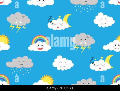 Motif transparent de dessin animé mignon nuage emojis icône ensemble avec différentes expressions sur fond de ciel - illustration vectorielle Illustration de Vecteur