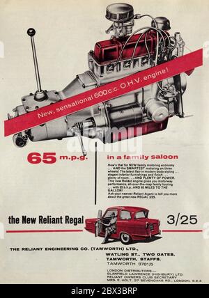 Publicité vintage pour la berline à trois roues britannique reliant Regal 3/25. Banque D'Images