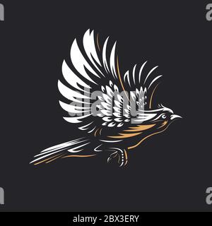 Modèle de logo de silhouette d'oiseau de feu sur fond noir - dessin main contour Phoenix volant ou faucon avec illustration vectorielle d'ailes écarlées. Or et whi Illustration de Vecteur