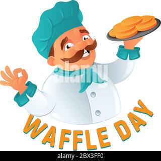 Chef cuisinier au moisi amusant dans le chapeau du chef avec gaufres belges sur une assiette pour Happy Waffle Day. Illustration vectorielle de dessin animé isolée sur fond blanc Illustration de Vecteur