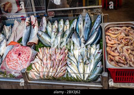 Poisson frais avec grand assortiment au Grand Bazar, Istanbul. Banque D'Images