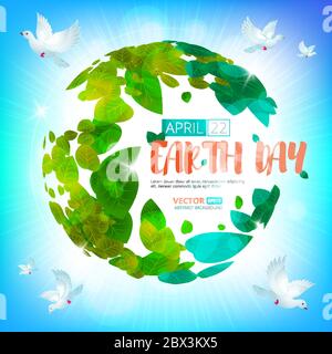 Bonne journée de la Terre. Carte de vœux le 22 avril. Globe terrestre vectoriel avec feuilles vertes et oiseaux. Parfait pour une utilisation dans la publicité ou la conception de sites Web, des affiches, des flye Illustration de Vecteur