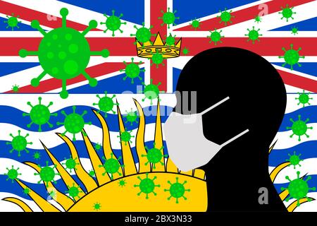 L'homme utilisant une bouche visage masques ou bouche couvre ro entouré par le virus de la wiht avec le drapeau DE LA COLOMBIE-BRITANNIQUE Banque D'Images