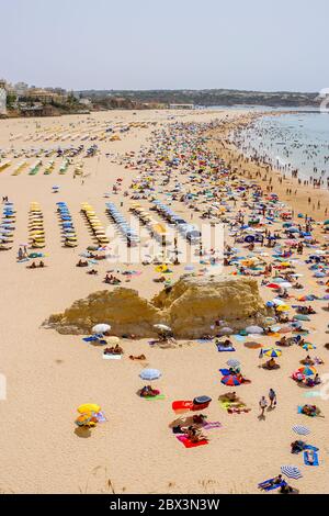 Vue sur la plage Praia da Rocha à Portimao avec chaises longues, chaises longues et parasols en été, ouest de l'Algarve, sud du Portugal Banque D'Images