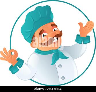 Drôle de sourire gras moustachioed chef cuisinier dans le bleu chapeau du chef cadre rond. Illustration vectorielle de dessin animé isolée sur fond blanc. Parfait pour bann Illustration de Vecteur