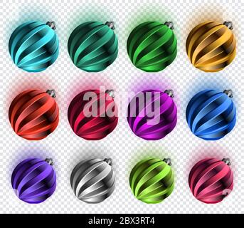 Lot de boules de Noël multicolores à ombres douces, isolées sur fond transparent Illustration de Vecteur