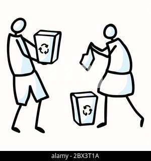 Figurines de bâton dessinées à la main collecte de déchets. Concept de jour de la Terre propre. Simple icône motif pour la Journée de la Terre environnementale, volontaire Clipart, Eco Illustration de Vecteur