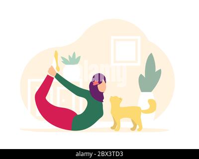 Femme musulmane dans le hijab. Posture de l'arc. Femme faisant du yoga avec le chat Illustration de Vecteur