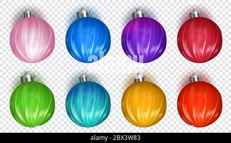 Lot de boules de Noël multicolores à ombres douces, isolées sur fond transparent Illustration de Vecteur