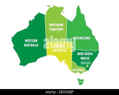 Carte simplifiée de l'Australie divisée en États et territoires. Carte plate verte avec bordures blanches et étiquettes blanches. Illustration vectorielle. Illustration de Vecteur