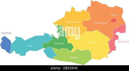 États d'Autriche. Carte des divisions administratives régionales des pays. Illustration vectorielle colorée. Illustration de Vecteur