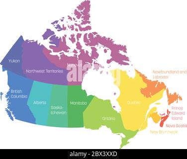 Carte du Canada divisée en 10 provinces et 3 territoires. Régions administratives du Canada. Carte multicolore avec étiquettes. Illustration vectorielle. Illustration de Vecteur