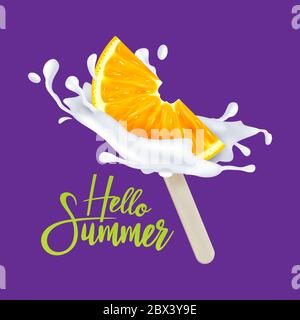 Tranche de glace aux fruits orange sur un bâtonnet avec du lait ou des gouttes de yaourt. Illustration vectorielle. Peut être utilisé pour le motif imprimé de t-shirt, le Web, l'affiche, la bannière, Illustration de Vecteur