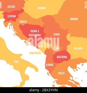 Carte politique des Balkans - Etats de la péninsule des Balkans. Illustration vectorielle orange à quatre nuances. Illustration de Vecteur