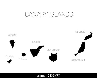 Carte des îles Canaries, Espagne, avec les étiquettes de chaque île - El Hierro, la Palma, la Gomera, Tenerife, Gran Canaria, Fuerteventura et Lanzarote. Silhouette vectorielle noire sur fond blanc. Illustration de Vecteur