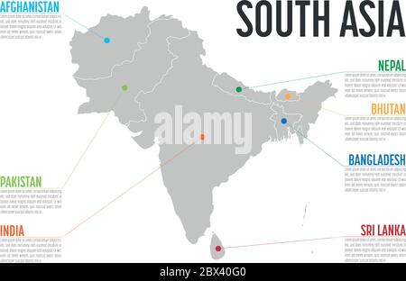 Carte graphique de l'Asie du Sud. Modèle moderne avec texte et en-têtes d'état colorés. Illustration vectorielle. Illustration de Vecteur