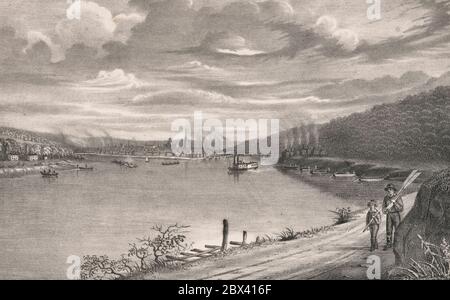 Vue sur la ville de Pittsburgh depuis le site de Saw Mill Run - Print montre une vue lointaine de Pittsburgh au confluent des rivières Allegheny et Monogahela depuis un point de vue le long de la rivière Ohio, vers 1855 Banque D'Images