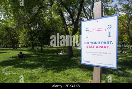 Toronto, Canada. 4 juin 2020. Les gens s'assoient dans des cercles physiques éloignés peints sur l'herbe au parc Trinity Bellwoods à Toronto, Canada, le 4 juin 2020. Le premier ministre canadien Justin Trudeau a averti jeudi que la pandémie COVID-19 demeure grave au Canada. Credit: Zou Zheng/Xinhua/Alamy Live News Banque D'Images