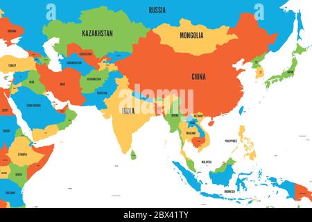 Carte politique colorée de l'Asie occidentale, méridionale et orientale. Illustration simple à vecteur plat. Illustration de Vecteur