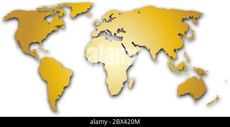Carte du monde doré silhoutte. Conception métallique avec ombre sur fond blanc. Illustration de Vecteur