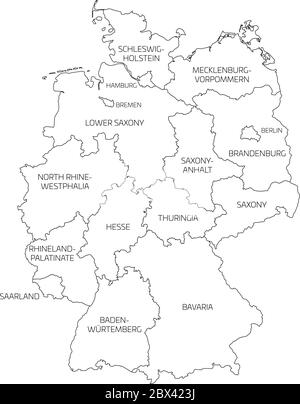 Carte de l'Allemagne détournée à 13 États fédéraux et 3 villes-États - Berlin, Brême et Hambourg, Europe. Carte vectorielle simple et plate blanche avec contours et étiquettes noirs. Illustration de Vecteur