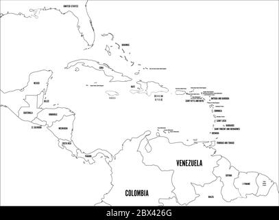 Carte politique des États d'Amérique centrale et des Caraïbes. Bordures noires avec étiquettes noires pour les noms de pays. Illustration simple à vecteur plat. Illustration de Vecteur