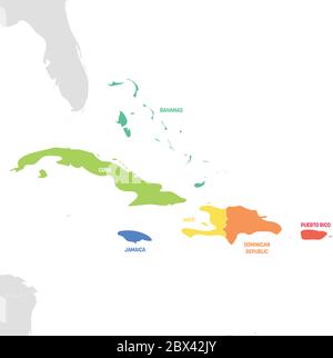 Région des Caraïbes. Carte colorée des pays de la mer des Caraïbes en Amérique centrale. Illustration vectorielle. Illustration de Vecteur